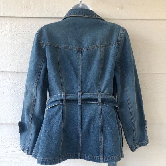 Rampage Size Med Vintage Double Breasted Belted Blue Denim Jacket with Pockets - Picture 3 of 16